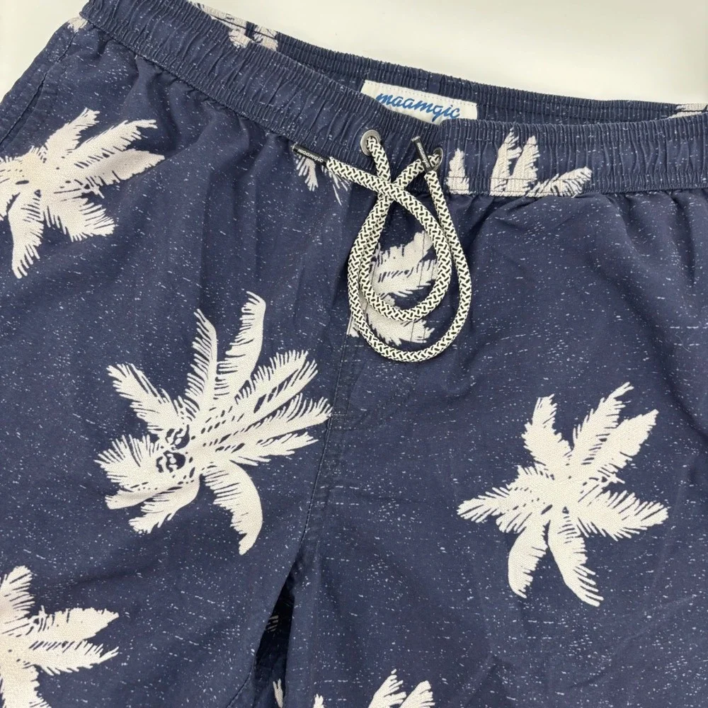 Maamgic Swim‎ Trunks Mens Medium Navy Blue Excellent Palm Tree Print 7in Inseam